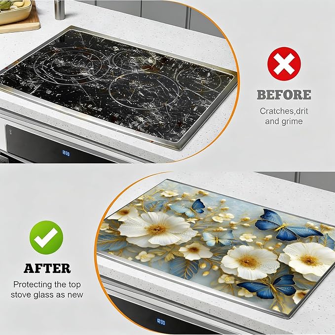 Blue Butterfly Floral Stove Top Cover 28.3 x 20.5 Inches, Heat Resistant Glass - Image 5
