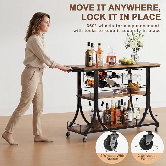 PETKABOO 3-Tier Rustic Wooden Bar Cart - Image 4