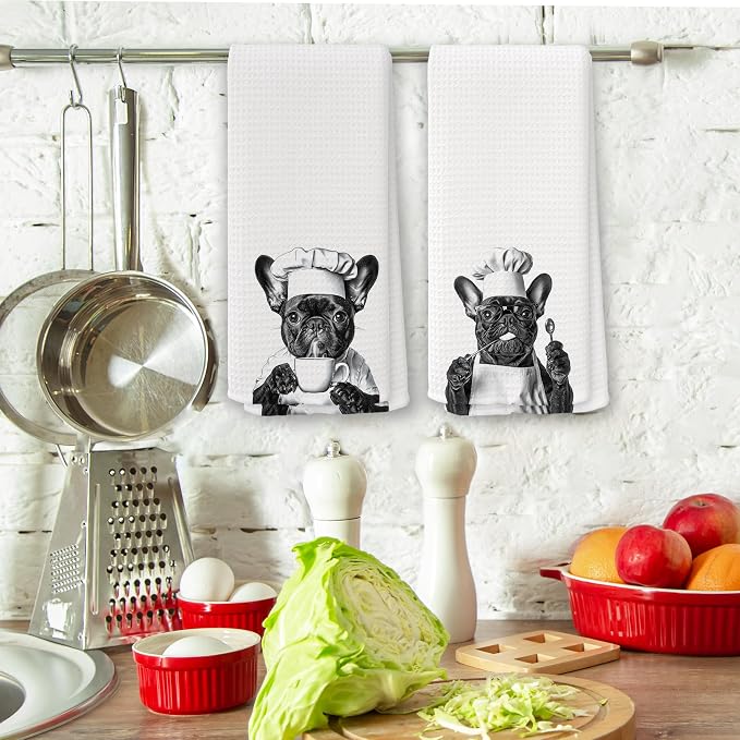 Funny French Bulldog Chef Kitchen Towels Set of 2, Dog Lover Dining Room - Image 3
