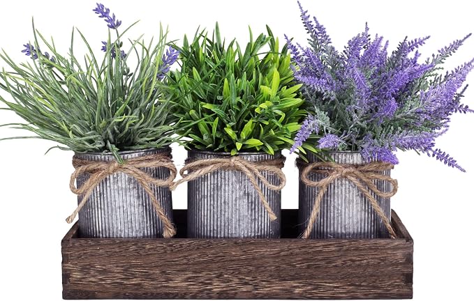 Set of 3 Small Potted Plants Arrangement Artificial Lavender and Grass Plants - Image 2