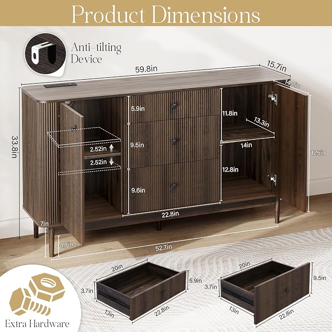 59" Buffet Cabinet with Drawers, Large Fluted Sideboard Buffet Storage Cabinet - Image 2