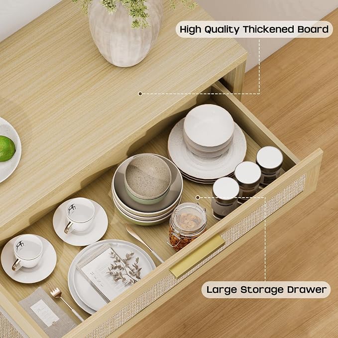 Rattan Buffet Cabinet with Storage, Sideboard Cabinet with Doors and Shelves - Image 4