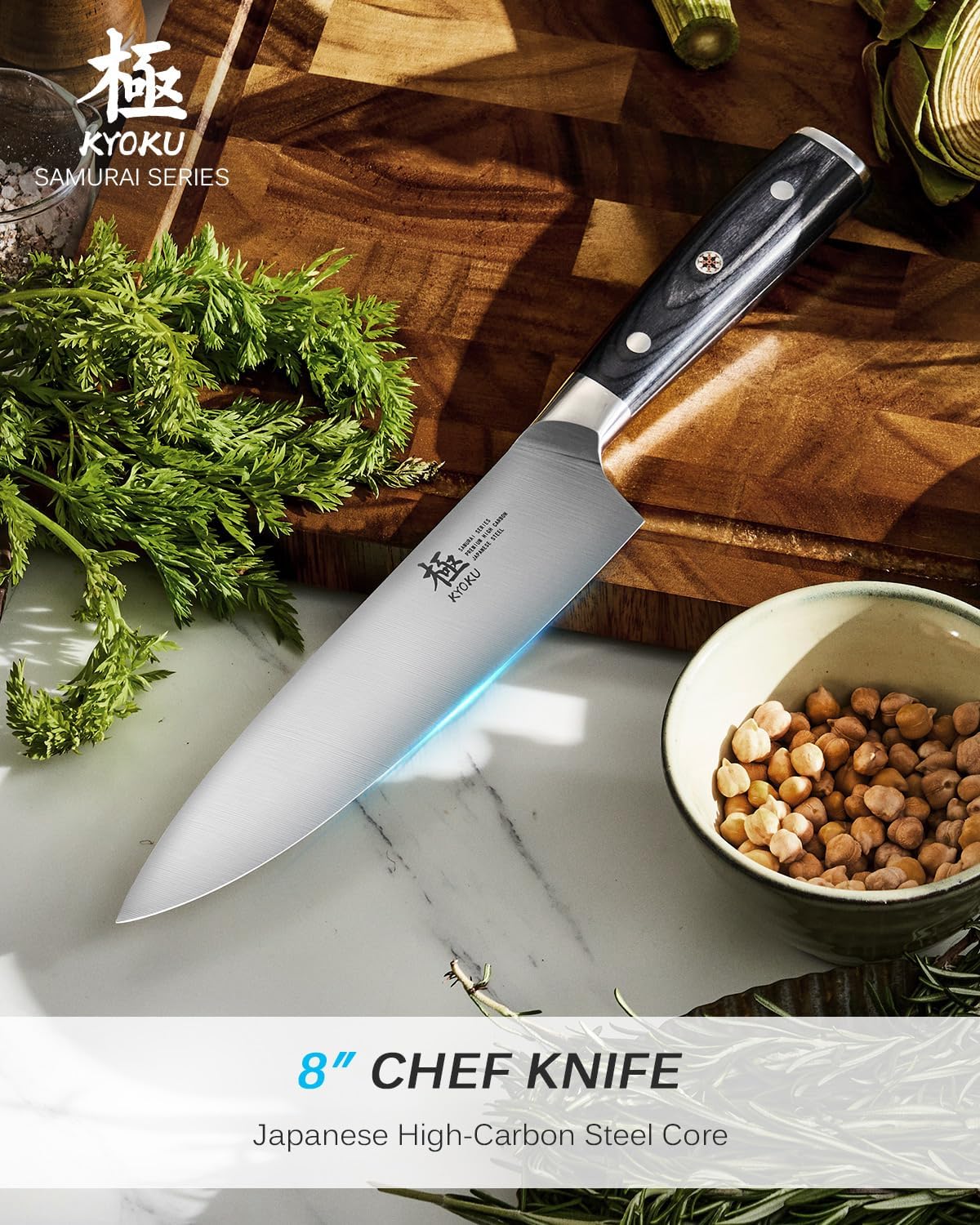 KYOKU 8" Chef Knife, Samurai Series Meat Cutting Knife with Pakkawood Handle & Mosaic Pin, Japanese High Carbon Steel Knife, Full Tang Cutting Chopping Knife for Vegetable Fruit with Sheath and Case