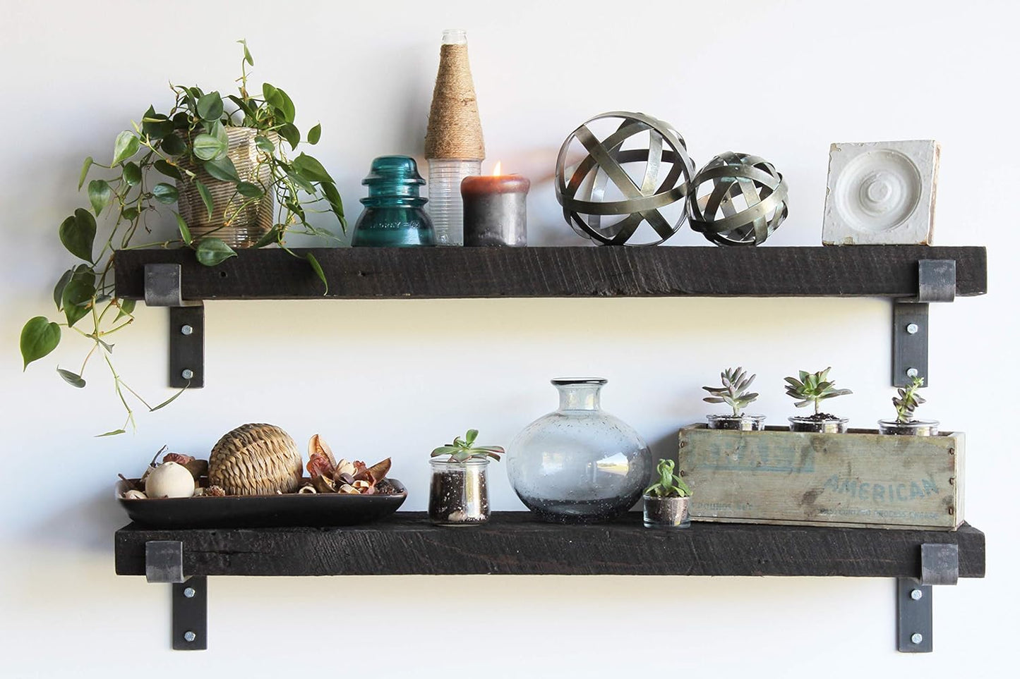 Urban Legacy Accent Shelves | Reclaimed Barn Plank | Set of 2 with Full Brackets (Coffee Bean 30" x 7" x 2")