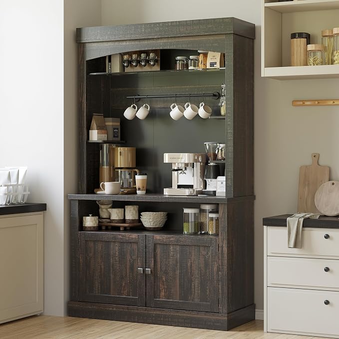 Takywep Tall Coffee Hutch with LED Lights Tall CoffeeBar Cabinet Farmhouse - Image 8