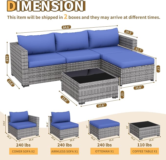 UDPATIO 5 Piece Patio Furniture Set, All-Weather Wicker Outdoor Sectional Sofa - Image 2