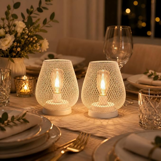 JHY DESIGN Set of 2 Metal Cage LED Lanterns Battery Powered Cordless Accent - Image 2