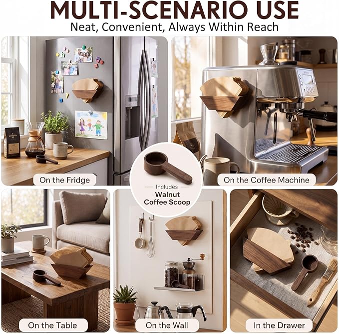 Magnetic Coffee Filter Holder Set, Walnut Wood Cone Coffee Filter Storage - Image 6