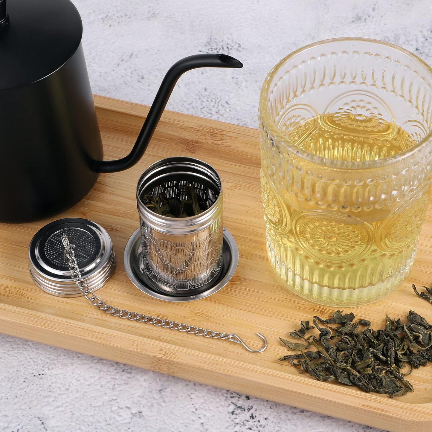 2 Pack Tea Strainers Infuser for Loose Tea 304 Stainless Steel Mesh Loose Leaf Steeper Diffuser with Chain Hook and Threaded Lid for Black Tea, Spices and Seasonings