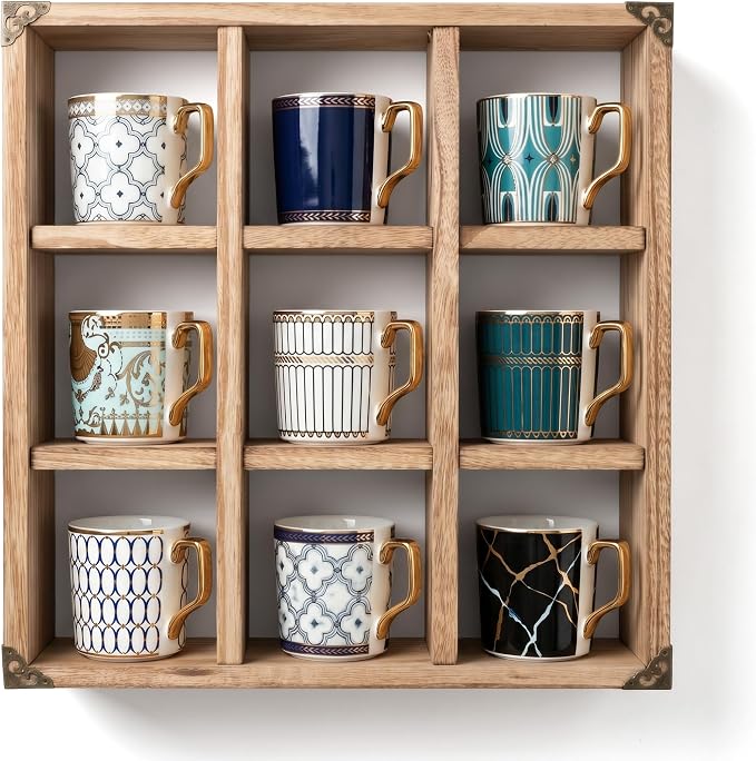 9 Slot Coffee Mug Display Rack - 17in Wall Mounted | Solid Wood by MITREL
