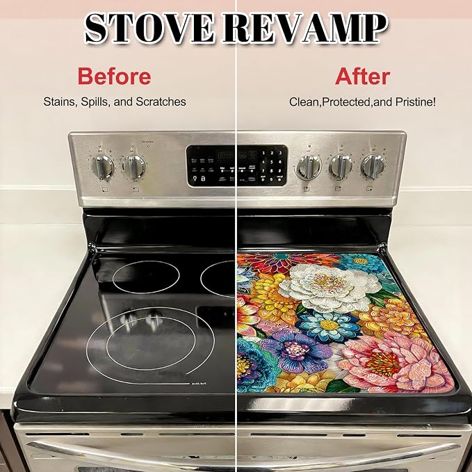 Boho Floral Stove Top Cover for Electric Stove, Colorful Flowers Rubber Stove - Image 4