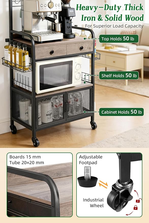 Coffee Bar Cabinet with Storage, Coffee Cart with Wheels, Coffee Station with - Image 7