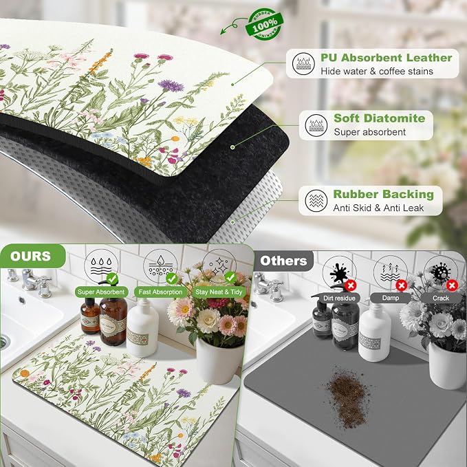 LOKHOM Dish Drying Mat for Kitchen Counter, Wildflower Floral Dish Drainer Rack - Image 7