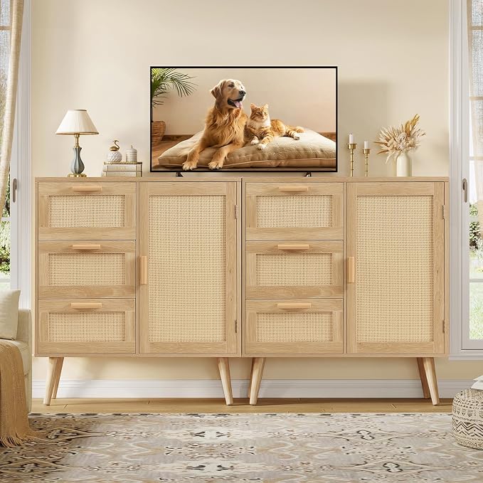 TEENFON Storage Cabinet with Rattan Door & 3 Drawers, Rattan Cabinet with - Image 7