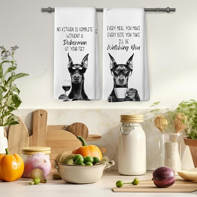Funny Doberman Kitchen Towels Set of 2, Dog Kitchen Accessories, Coffee Station - Image 4