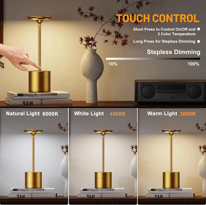 Rechargeable Cordless Metal Table Lamp, IP54 Waterproof, 6000mAh Battery - Image 2