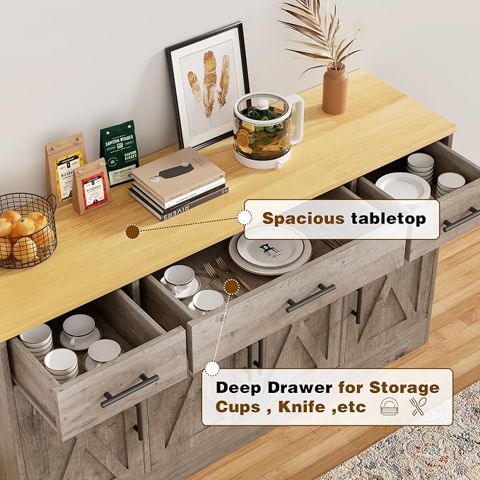 Vongrasig Buffet Cabinet with Drawers, 53” Large Sideboard Buffet Kitchen - Image 5