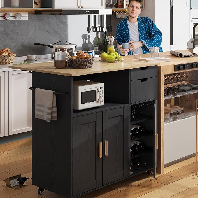 Kitchen Island Cart with Power Outlet, Rolling Kitchen Cart on Wheels with - Image 3