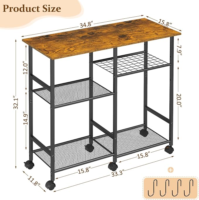 ThreeHio Rolling Kitchen Microwave Cart, 3-Tier Microwave Stand - Image 3