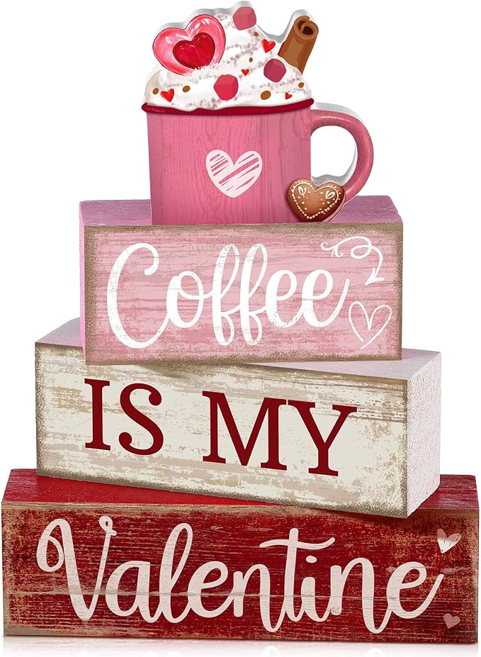 Lineshading 4 Pcs Valentine's Day Table Decor Wooden Cocoa Decoration by Lineshading