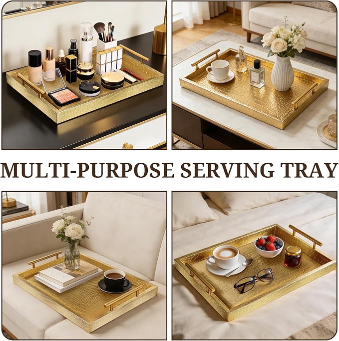 SXNOWS 17"x12" Gold Faux Leather Serving Tray - Image 8