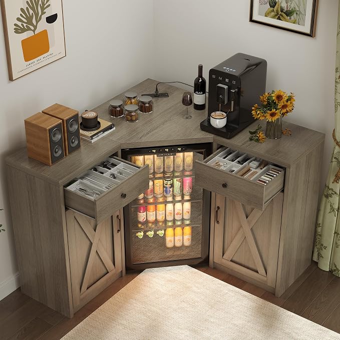 Coffee Bar Cabinet with Fridge Space, Corner Bar Cabinet with Fridge Space - Image 5