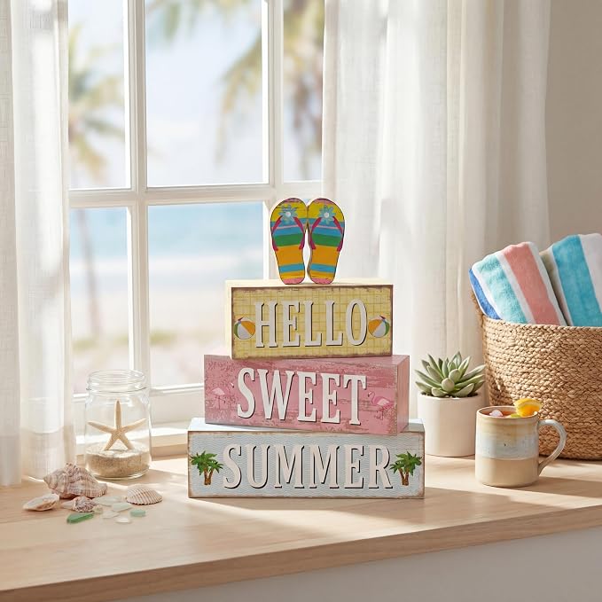 Geelin 4 Pcs Summer Flip Flop Wooden Table Decorations Hello Summer Centerpiece - Image 7