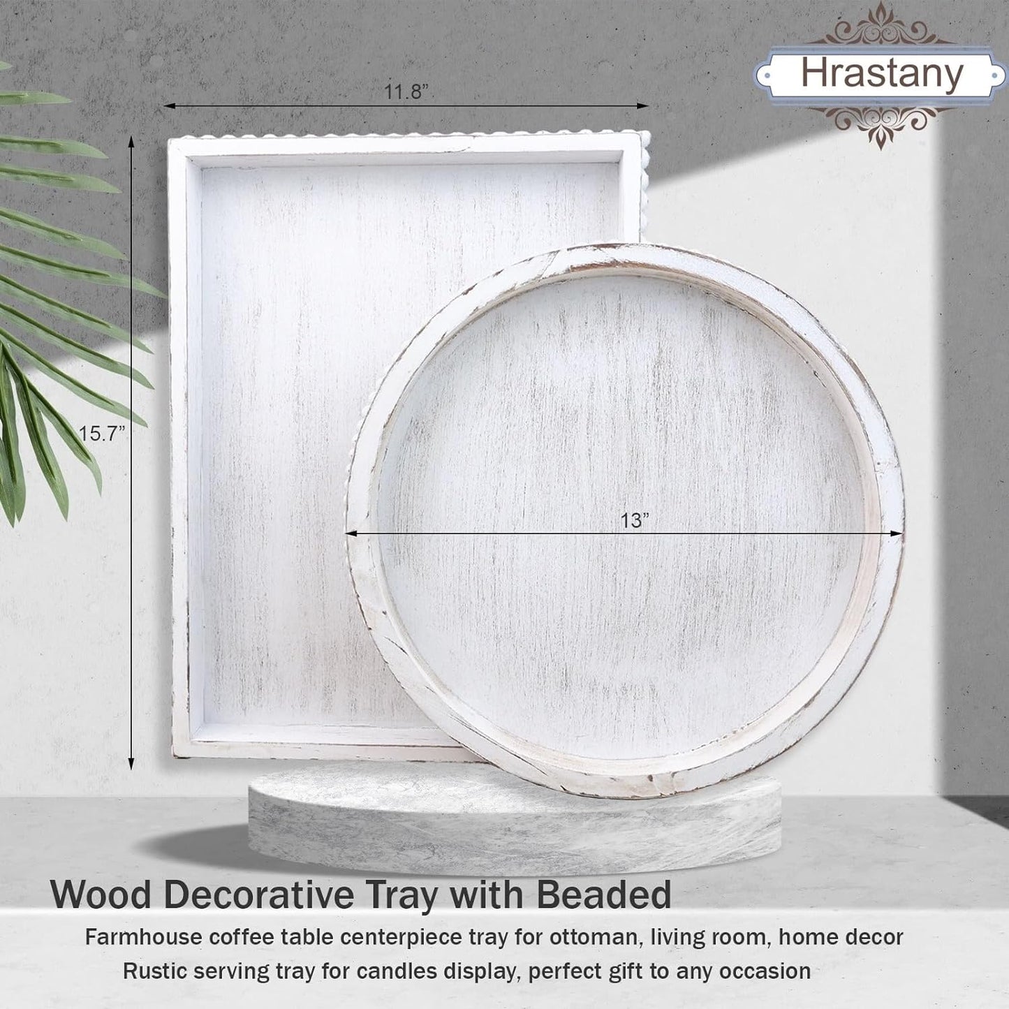 Wood Decorative Coffee Table Serving Tray, Farmhouse Rectangular Tray with Wooden Bead for Ottoman, Entertaining, Home Decor, 15.7”*11.8”*1.57” (Whitewashed)