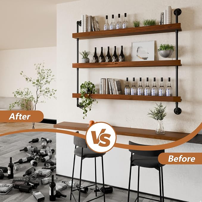Wall Mounted Wine Rack with LED Light, LED Industrial Pipe Wine Shelf, 3-Tier - Image 4