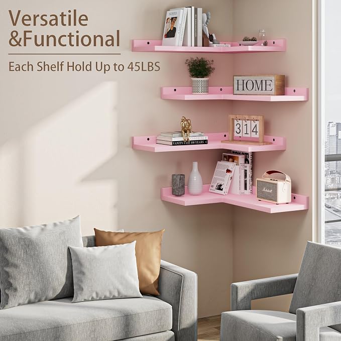 4 Tier Floating Corner Shelves Pink Set of 4, Rustic Pine Wooden Floating - Image 4