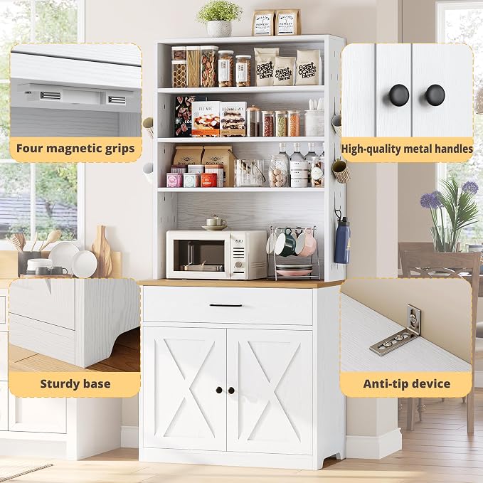 IRONCK Bakers Rack Microwave Stand Storage and Customizable Pegboard, Barn Doors - Image 7