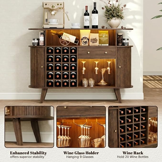 Loomie Wine Bar Cabinet with LED Light, Mid Century Modern Liquor Cabinet– - Image 5
