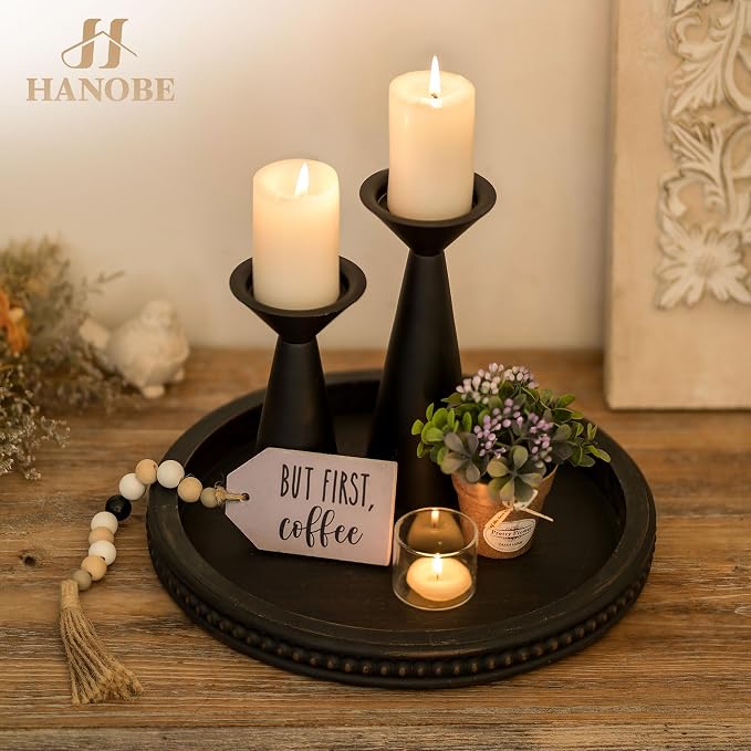 Hanobe Decorative Coffee Table Tray: Modern Farmhouse Beaded Round Tray Decor - Image 2