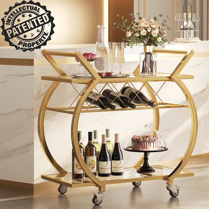 LVB Gold Bar Cart with Glass, Bar Cart with Wheels, Wine Cart with 2 Tier - Image 3