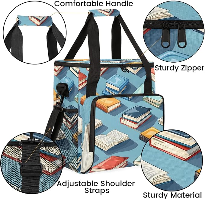 Books Pattern Coffee Maker Carring Bag, Large Insulated Storage Organizer Case - Image 6