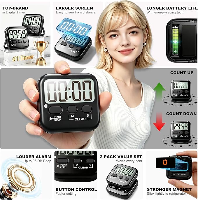 Antonki 2 Pack Digital Timer for Kids, Magnetic Countdown Kitchen Timers for - Image 4