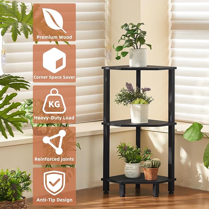 YUFAM 3-Tier Corner Shelf with Sturdy 5-Leg Base, Wooden Corner Bookshelf - Image 4