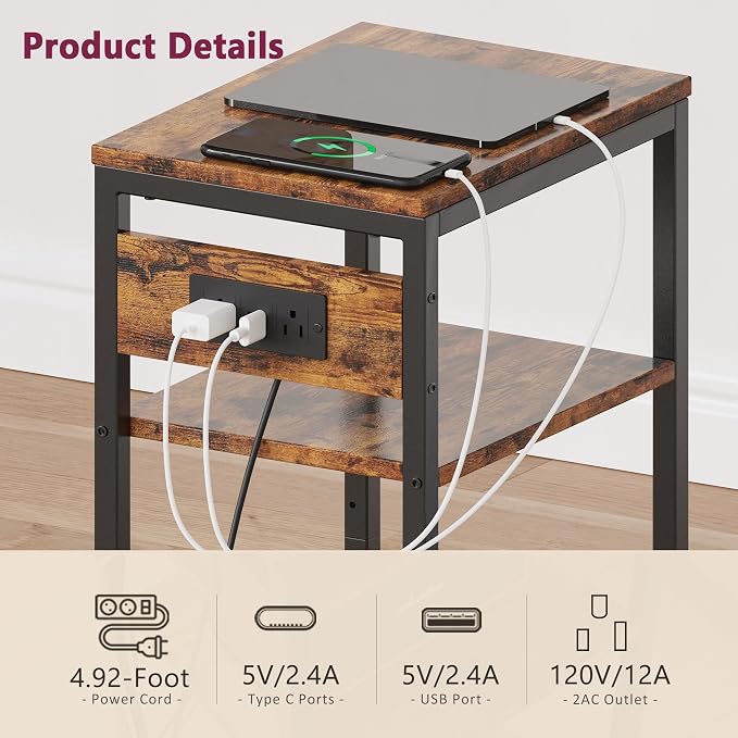 Side Table with Charging Station, Nightstand with USB Ports and Outlets - Image 8