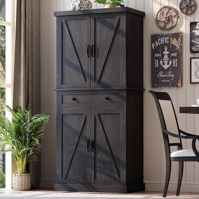 kepptory 72" Tall Kitchen Pantry Cabinet, Barn Doors and Drawer, Farmhouse by kepptory