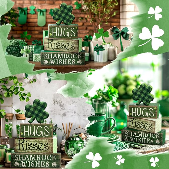 Lineshading 4 Pcs St. Patrick's Day Table Wooden Signs Hug Shamrocks Table - Image 7