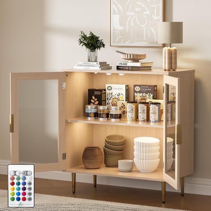 Housoul Buffet Cabinet with LED Lights, Sideboard Cabinet with 2 Doors Acrylic - Image 4