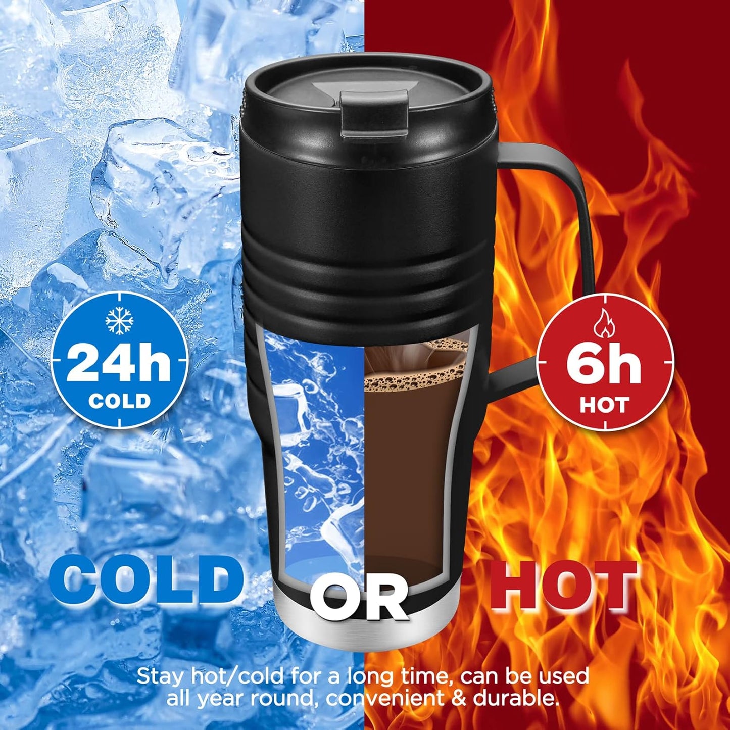 HAUSHOF 24 oz Travel Mug with Handle, Stainless Steel Vacuum Insulated Coffee Travel Mug, Double Wall with Leakproof Lid, BPA Free