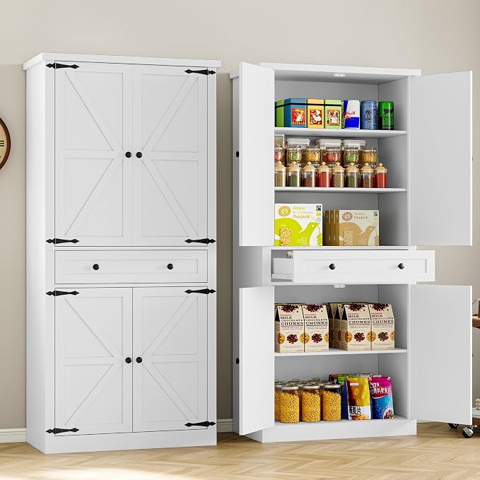 BORNOON Pantry Organizers and Storage Cabinet, 67.7” Barn Door White Kitchen - Image 4