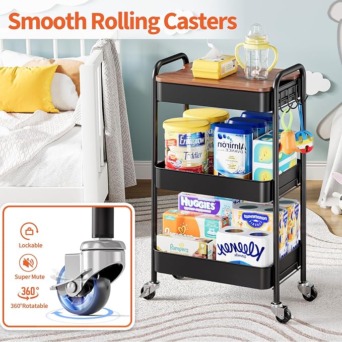 TOOLF 3-Tier Rolling Cart with Table Top, Metal Storage Cart on Wheels - Image 5