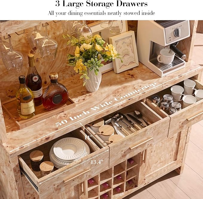 77" Tall Wine Bar Cabinet with Storage Hutch and 3 Drawers, Coffee Bar Cabinet - Image 4