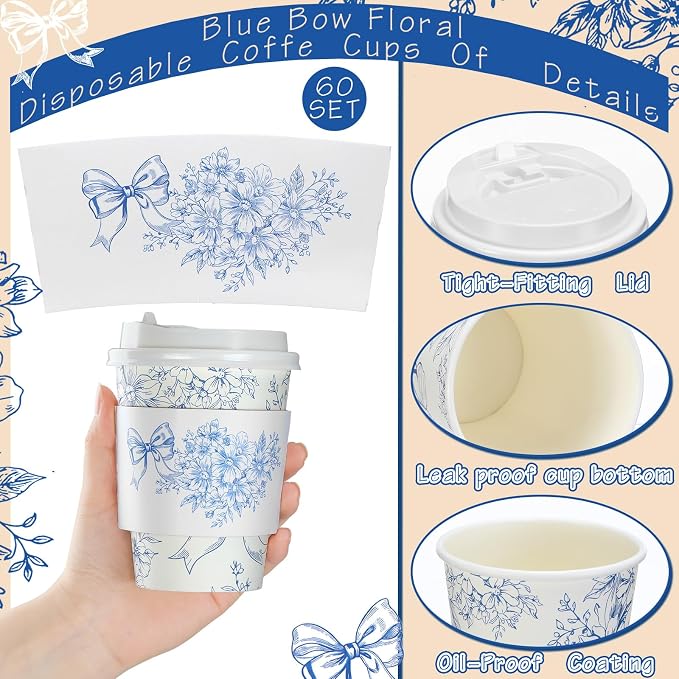 Vesici 60 Set 14oz Blue Bow Floral Disposable Coffee Cups - Image 3