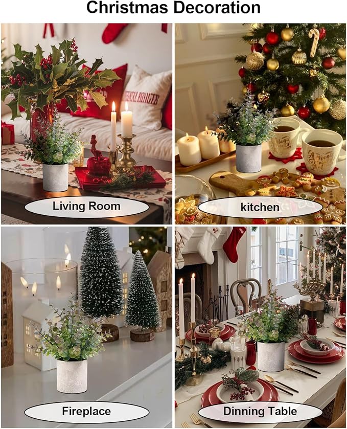 Coferset 2 Pack Small Fake Plants Christmas Greenery Eucalyptus Potted - Image 3