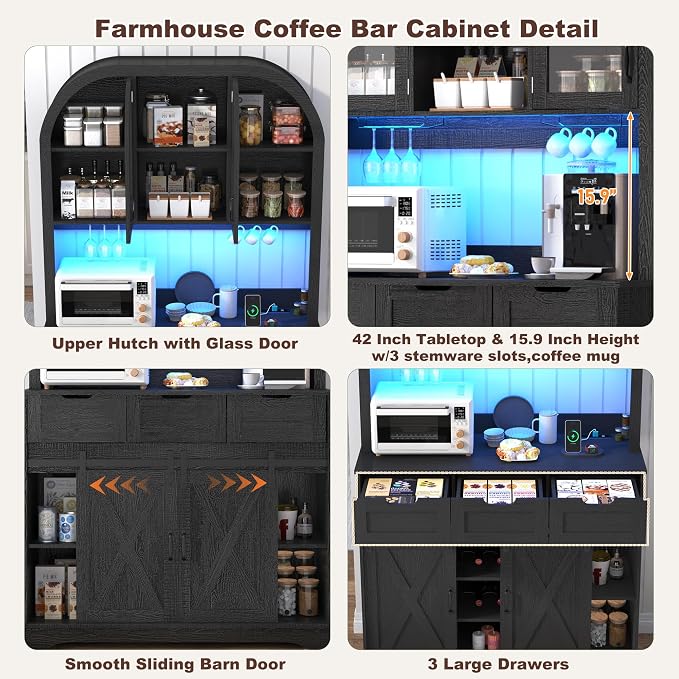 72" Tall Arched Pantry Cabinet w/Power Outlet, LED Lights, 3 Drawers, Glass Door - Image 7