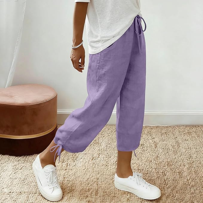 Linen Capri Pants for Women Drawstring Elastic Wide Leg Trouser 2026 Summer - Image 3