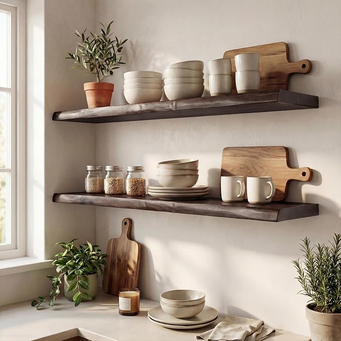 48" Solid Elm Wood Floating Shelf, 9.3" Deep 1.4" Thick Live Edge Wall Shelf - Image 2